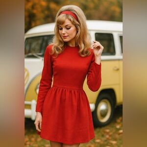 Vintage 70’s Vicki Vaughn Lipstick Red A Line Skater Style Dress Long Sleeve S 